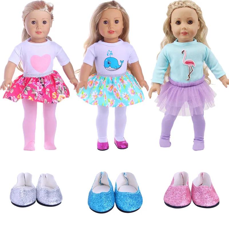 3 Pcs/Set Short Sleeve + Skirt + Leggings,Cute Suit Doll Clothes For 18 Inch American Doll Girl & 43 Cm New Born Baby,Doll Shoes