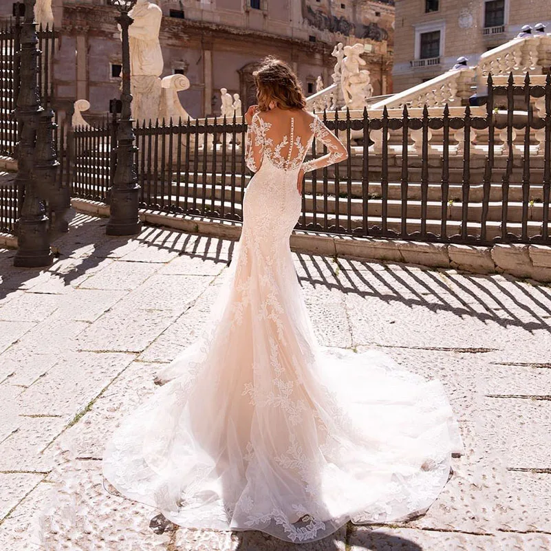 Abito da sposa a sirena a maniche lunghe con scollo a v 2023 abito da sposa con applicazioni in pizzo con scollo a v e abiti da sposa di lusso Boho staccabili