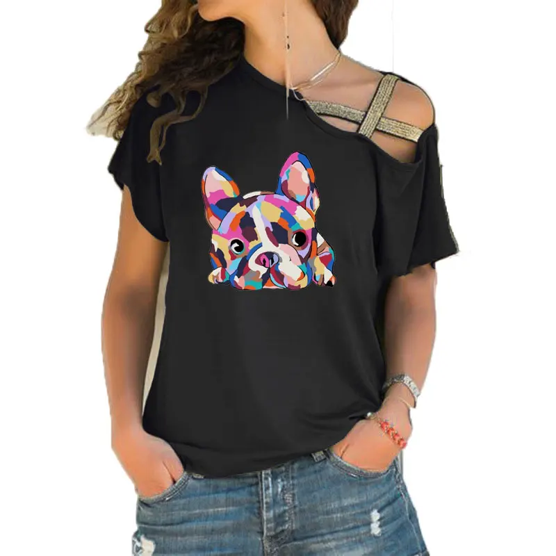 

New Summer Pretty French Bulldog Zoe Print Funny Teeshirt Women Short sleeve Loose Irregular Skew Cross Bandage Tops Tee