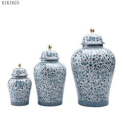 Classical Blue Flower and Leaf Pattern Ceramic Storage Jar with Lid Vase Flower Arrangement Exquisite Sealed Tea Pot Home Decor