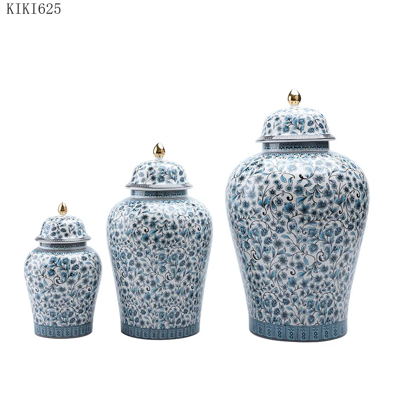 Classical Blue Flower and Leaf Pattern Ceramic Storage Jar with Lid Vase Flower Arrangement Exquisite Sealed Tea Pot Home Decor