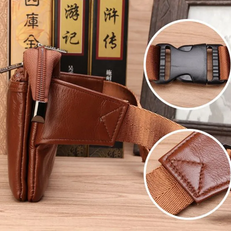 Natural Skin Male Chest Funny Pack Belt Bag Cell/Mobile Phone Pouch Thin Purse Money Travel Pouch Men Genuine Leather Waist Bag