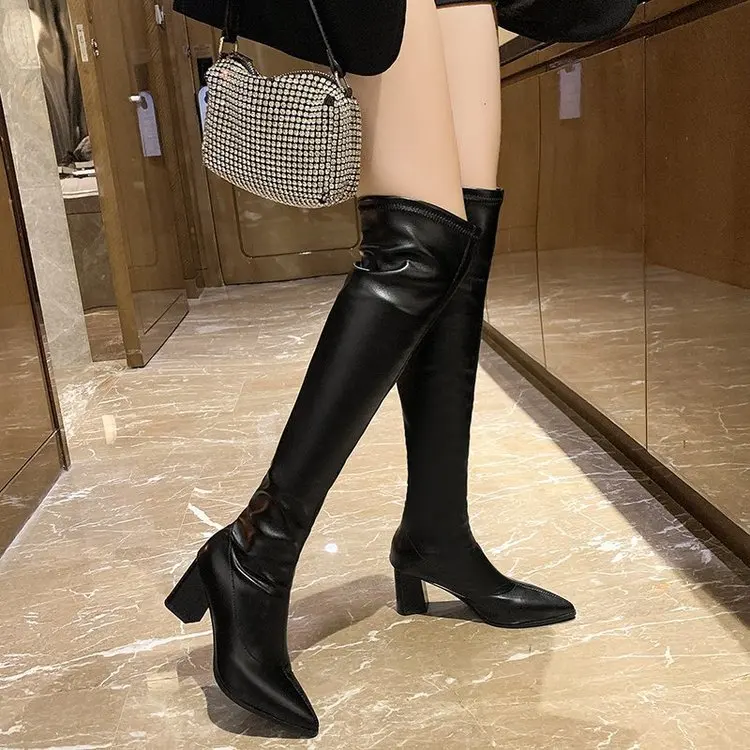 New Women\'s Top Resiliency Pu Leather Over The Knee Boots Slip on Thick High Heel Platform Thigh Boots Ladies Fashion Shoes