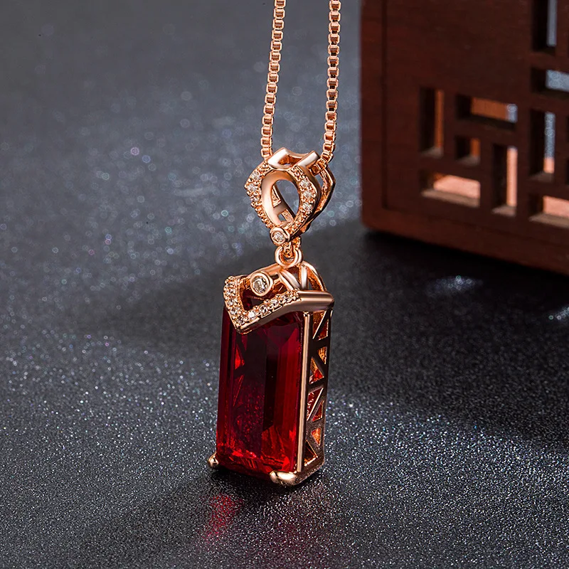 Bright Crystal Red Rectangle Pendant Necklace For Lady Choker Accessories Rose Gold Chain On Neck For Women Silver 925 Necklaces