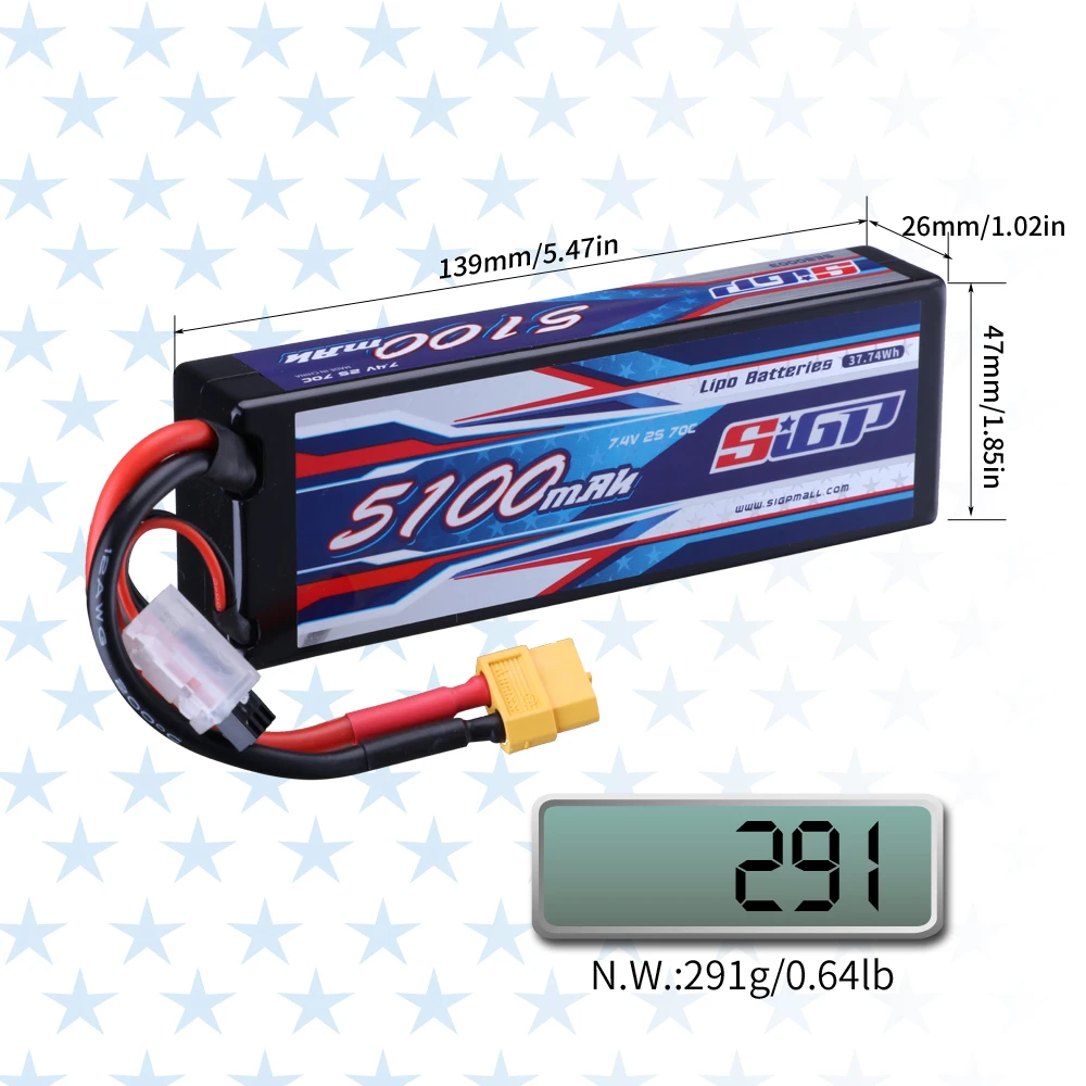 Batería Lipo SIGP 2S 7,4 V 5100mAh 2S1P 70C, carcasa dura con conector Deans T 4mm Bullet XT60 para coche RC, camión, tanque, vehículo, Buggy