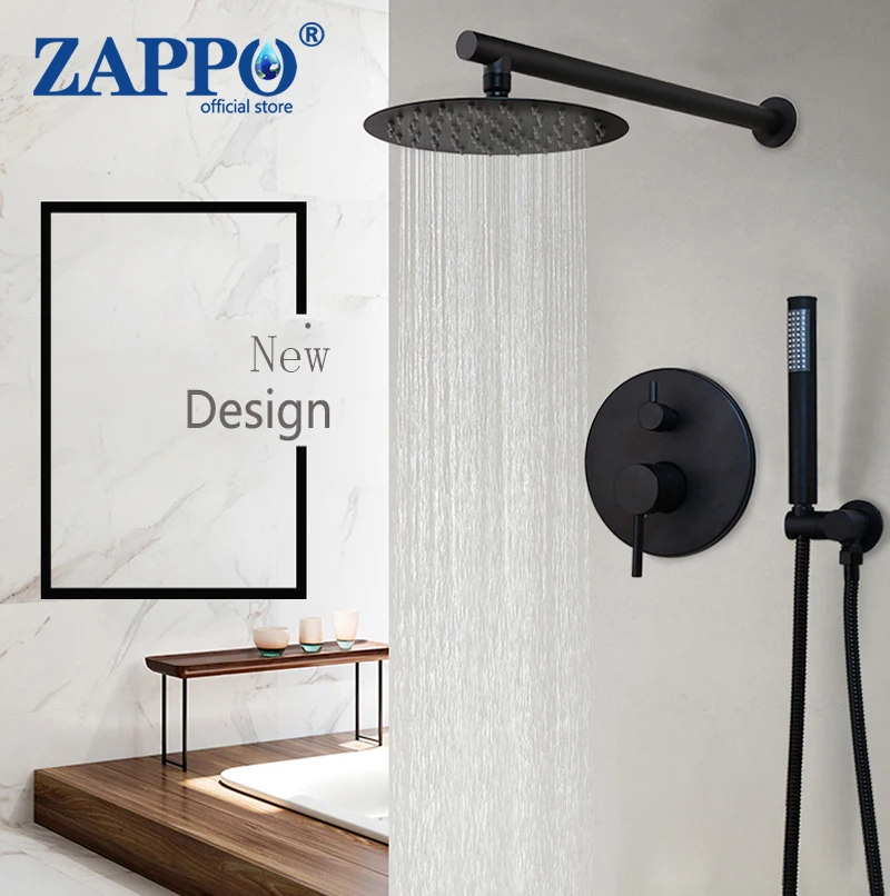 

ZAPPO Matte Black Concealed Shower Faucets Set Solid Brass Rainfall Shower Head Wall Mounted Mixer Tap Bathroom Shower Kits