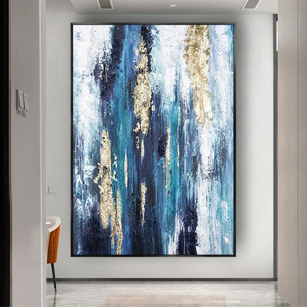 

Hand-Painted Abstract Oil Paintings Blue Golden Modern Mural Art For Home Canvas Poster Large Sofa Living Room Decor Drawing