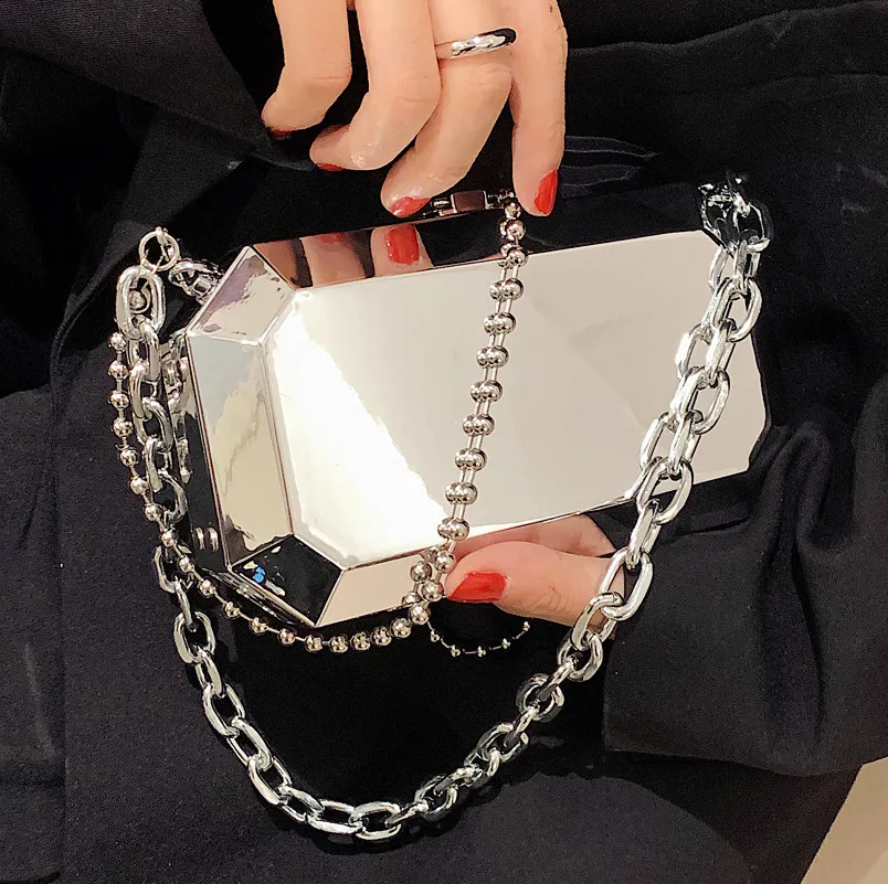 Silver Box Design Chain Party Clutch Fashion Purses and Handbags for Women Chic Designer Brand Shoulder Bag Crossbdoy Bag Female