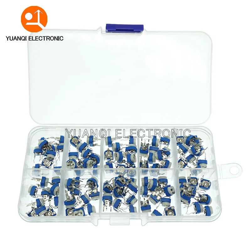 Imagem -02 - Caixa Rm065 Carbono Filme Horizontal Trimpot Potenciômetro Variedade Kit 10 Valores Resistor Variável 500r1m 100 Peças