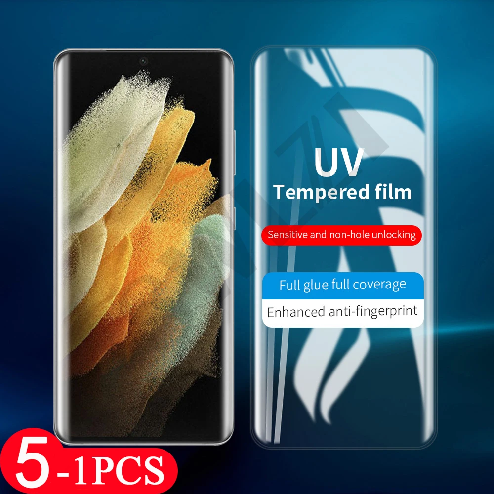 Protector de pantalla de vidrio UV, película protectora templada para Samsung Galaxy s21 Ultra s20 note 20 10 pro s10 5G s9 s8 plus, 5 unidades