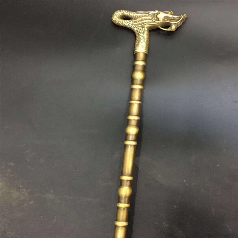 

decoration factory Pure Brass Antique 36" Chinese Big faucet Dragon Goat Statue Lucky Crutches Walking stick Wand cane