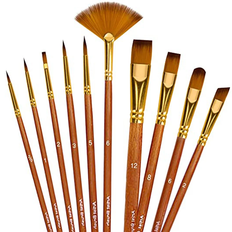 10pcs Paint Brush Set Multiple styles Nylon Hair Short Rod Brown Painting Brush For Oil Acrylic Watercolor Gouache Art Supplies