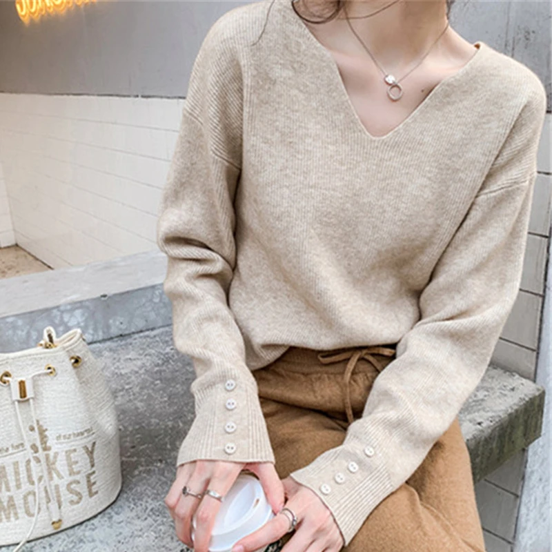 2023 Autumn Spring Women Sweaters Female Tops Knitted Thin Pullover Solid V-neck Loose Elegant Office Lady Casual All Match