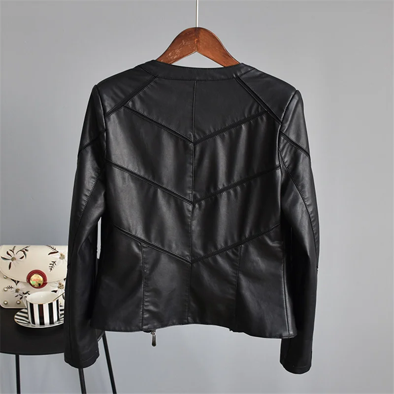 Harajuku Women Short Fashion O-Neck Long Sleeve Faux PU Leather Jacket Female Mesh Stitching Leather Outwear 2024 Autumn New