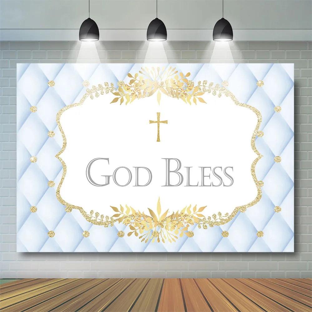 

Gold Bless Baby Baptism Backdrops Boy Girl Newborn Party Decor 1st Birthday Banner Leaves Gold Sliver Dot Background Photostudio