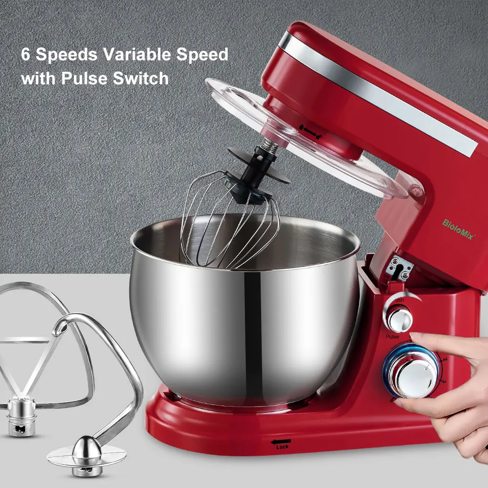BioloMix Stand Mixer 5L Stainless Steel Bowl 6-Speed Kitchen Food Mixer with Dough Hooks Whisk Beater