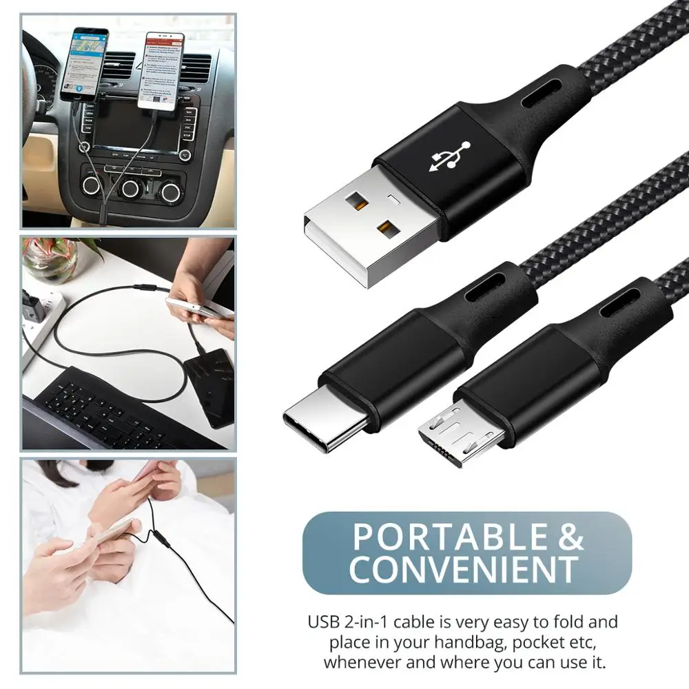 마이크로 USB C 타입 충전 케이블, 휴대용 듀얼 충전 휴대폰 USB 케이블, 안드로이드 모바일 보조배터리 고속 충전, 2 in 1, 신제품