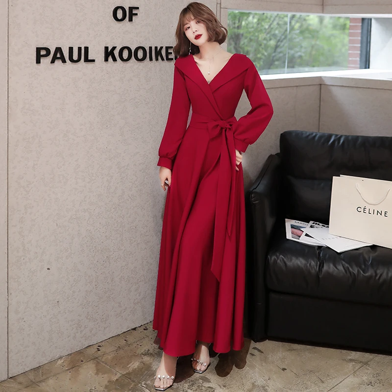 

Full Sleeves Evening Dresses Burgundy V-neck Plus size A-line Floor-length Simple Bow Zipper Back Woman Formal Party Dress A108