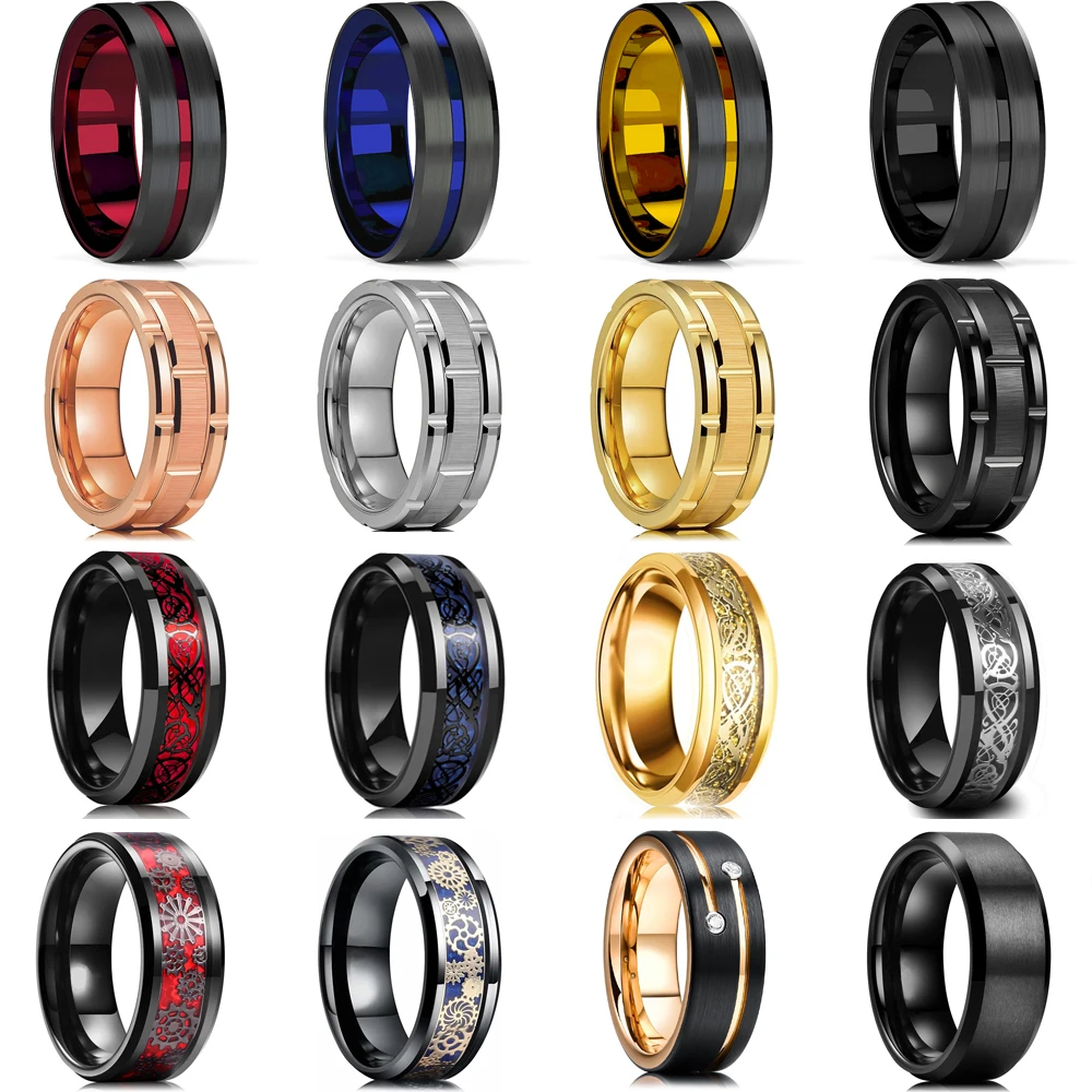 Mode Für Männer 8mm Gold Farbe Nut Abgeschrägte Kante Wolfram Hochzeit Carbon Faser Ring Punk Zahnrad Edelstahl ring Für Männer – Detail 1