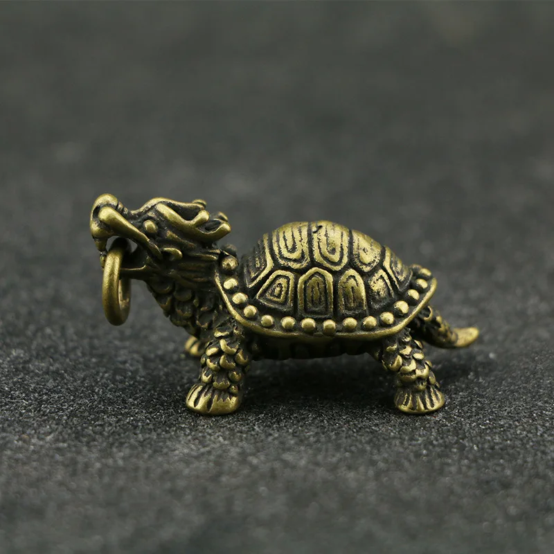 Chinese Style Copper Dragon Head Tortoise Figurines Brass Tortoise Miniatures Animal Keychain Ornaments Home Decor Accessories