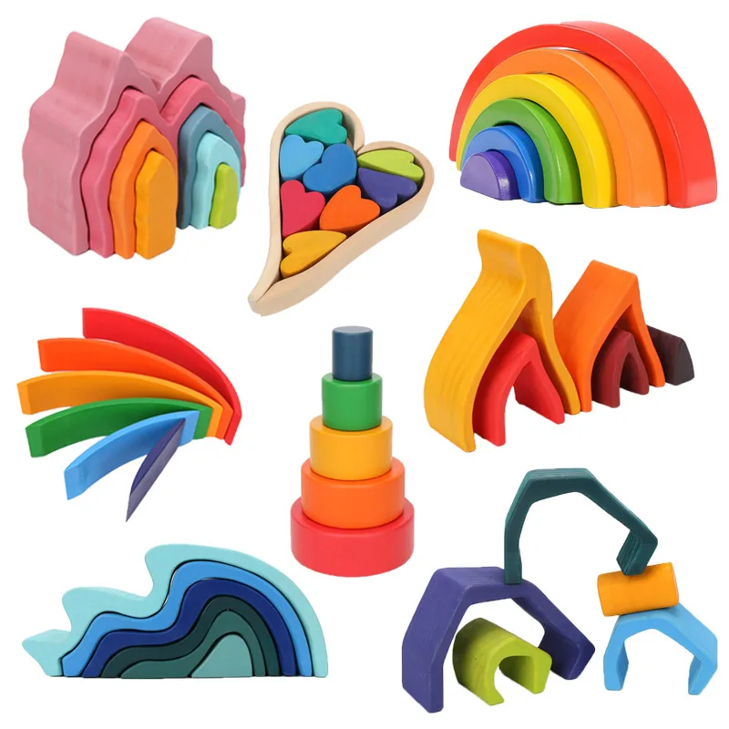 Wooden Rainbow Blocks Wood Stacking Toys Grims Rainbow Wood Building Blocks Rainbow Stacking kids Montessori Educational Toy