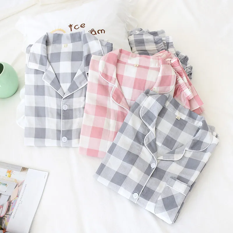 Men and Women Pure Cotton Double Layer Gauze Long Sleeve Pants Pajamas Lovers Plaid Printing Sleepwear Plus Size Couple 2 Piece