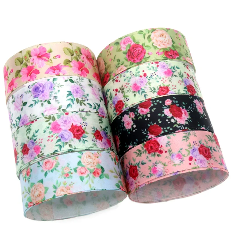 DHK 25mm 5yards Flowers Floral Rose Printed Single Faced Satin Silk Ribbon Accessory Hairbow Decoration DIY Wholesale OEM C1897