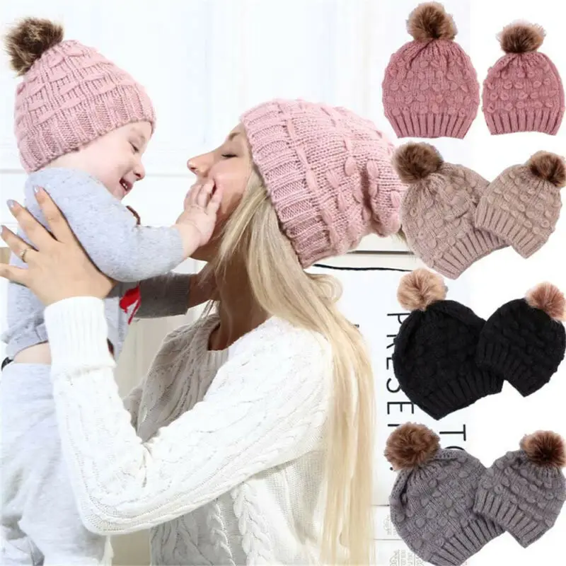 

2pcs Mom Baby Beanie Hat Cap Knitted Warm Hat Newborn Baby Knit Soild Cotton Blend Women Warm Winter Hats