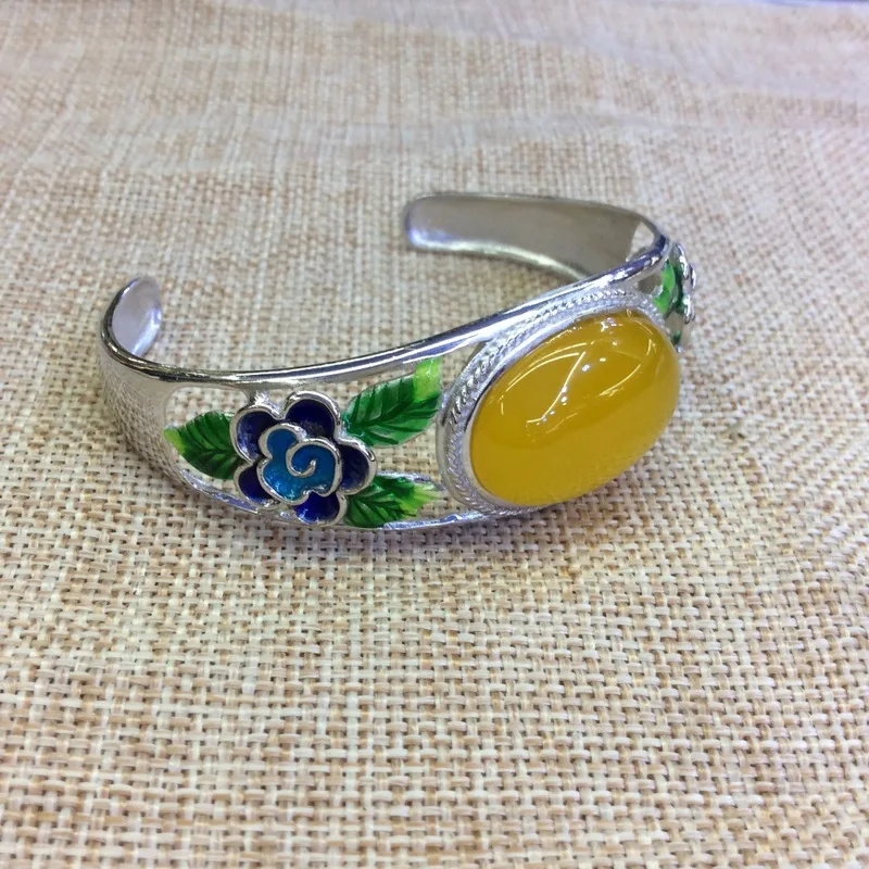 

S925 sterling silver inlaid natural chalcedony open bracelet cloisonne blue flowers green leaves