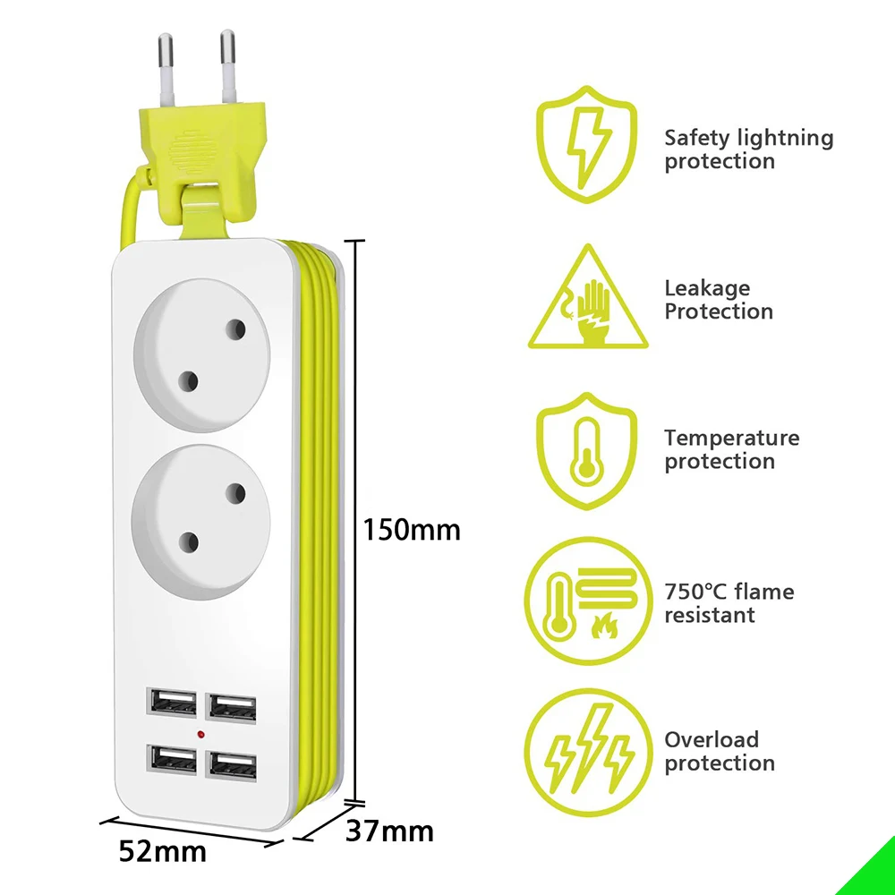 EU Plug Power Strip 4 USB Port Charger Socket, 1200W Multiple Portable Travel Plug Adapter  for Smartphones Tablets