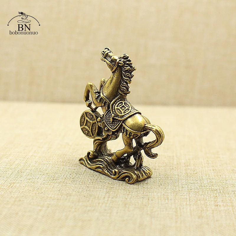 Solid Brass Lucky Coins Horse Small Statue Tea Pets Table Ornaments Vintage Copper Chinese Zodiac Animal Feng Shui Decors view 3
