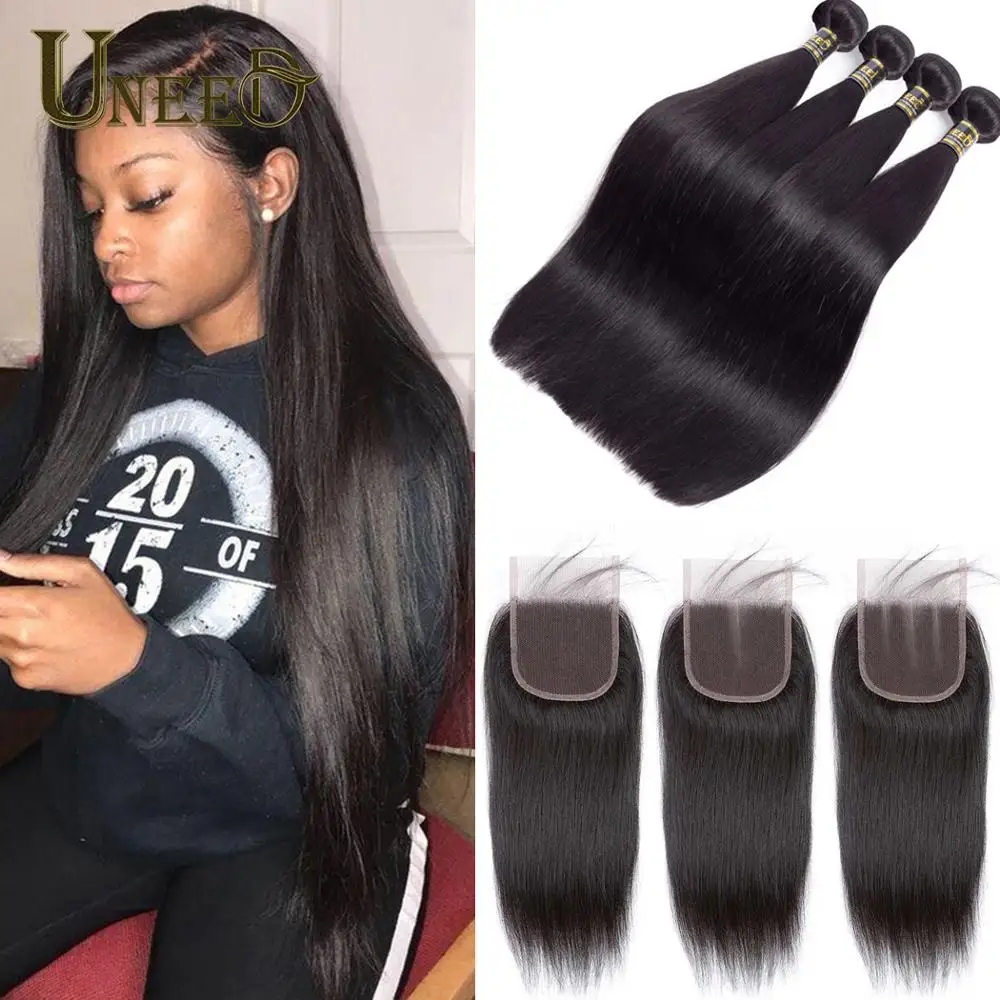 

Uneed Hair Malaysian Straight Hair Bundles With Lace Closure Remy Nautral Black Human Hair Weave Straigt Bundles with Closure