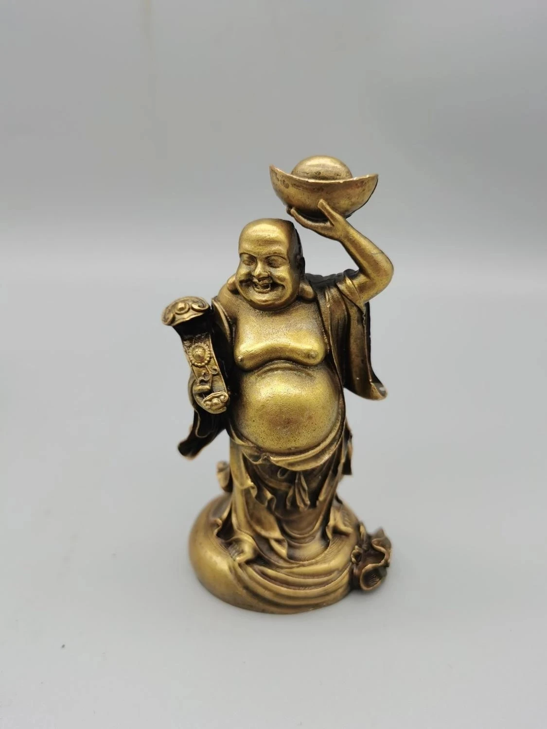 

Китайская античная латунная маленькая статуя Будды бодхисаттвы fengshui Maitreya, металлические поделки, семейные украшения, статуя