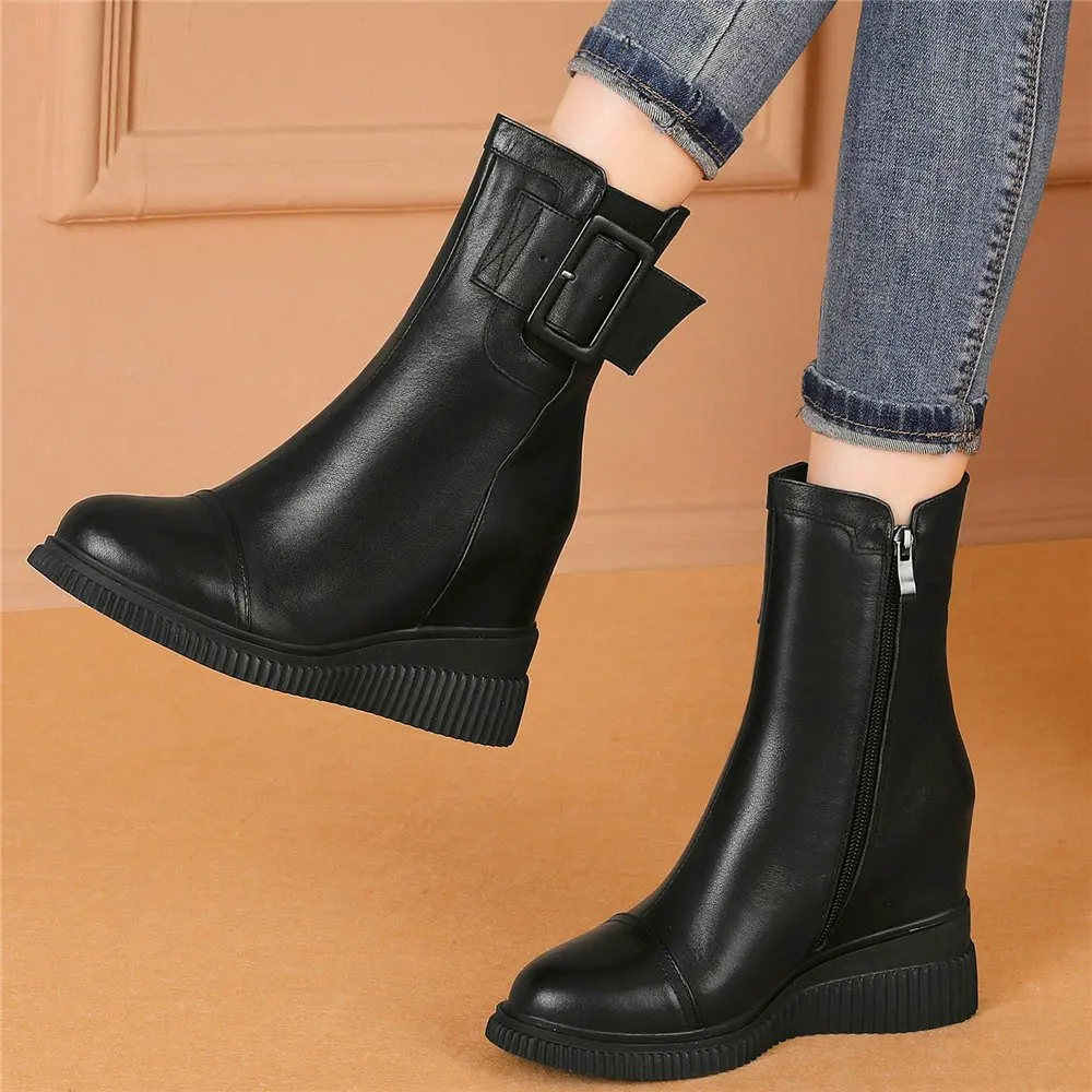 

Increasing Height Platform Shoe Women Genuine Leather Round Toe Wedge High Heel Ankle Boots Buckle Oxfords Military Punk Goth