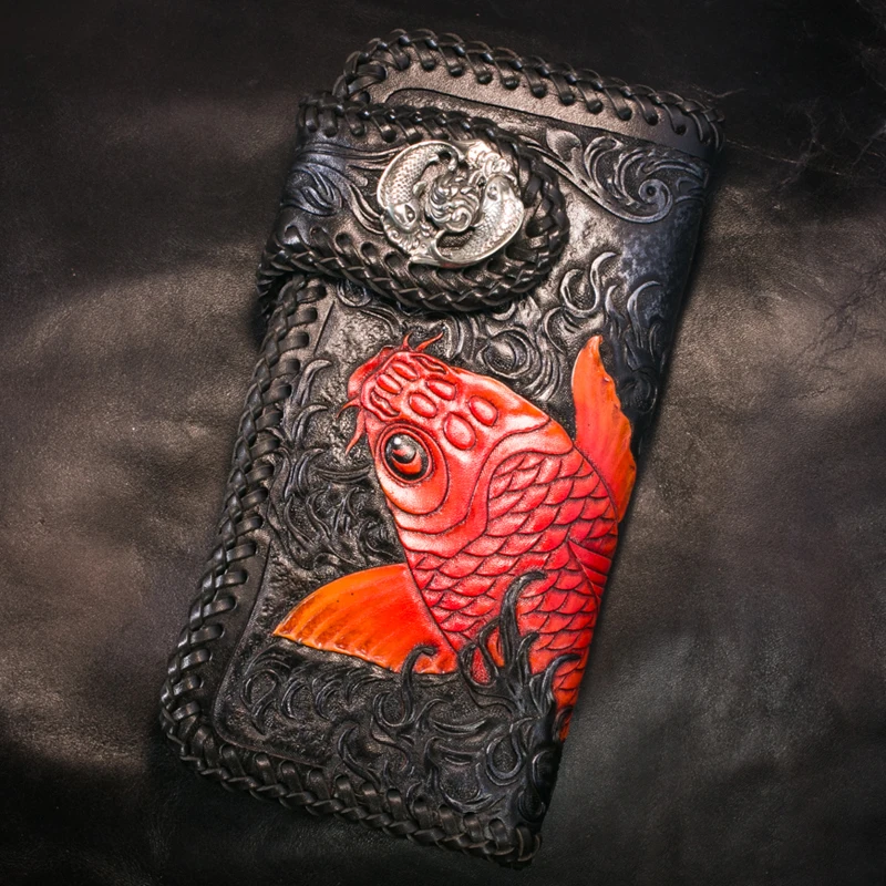 Handmade Knitting Women Men Genuine Leather Card Holder Red Carp Wallets Purses Clutch Vegetable Tanned Leather Wallet