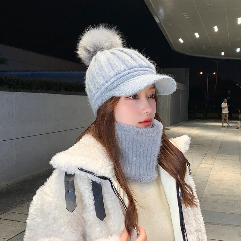 Women's New Wool Thick Warm Hat Set with Scarf Hair Ball Knit Cap
