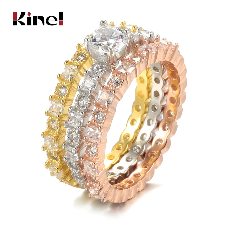 Kinel Luxury 585 Rose Gold Ring Sets Wedding Band Eternity Natural Zircon Ring Big Gift ladies Crystal Rings Fine Jewelry 2021