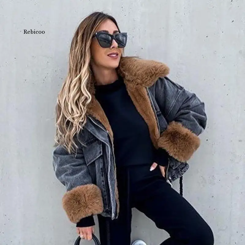 Winter Faux Vos Bontkraag Jassen Vrouwen Mode Korte Denim Jassen Vrouwen Elegante Grote Zakken Jassen Vrouwelijke Dames Jm