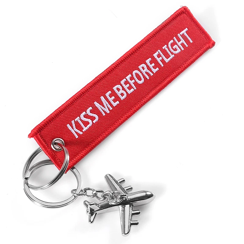 Pink Kiss Me Before Flight Key Chain Label Embroidery Keychain with Metal Plane Key Chain for Aviation Gifts Car Keychains