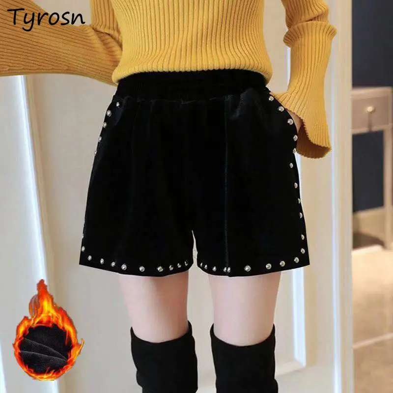 Women S-3XL Shorts Black Golden Velvet Soft Beading Design Elegant Lady Winter Thicken Warm Cotton-quilted Elastic Waist Retro