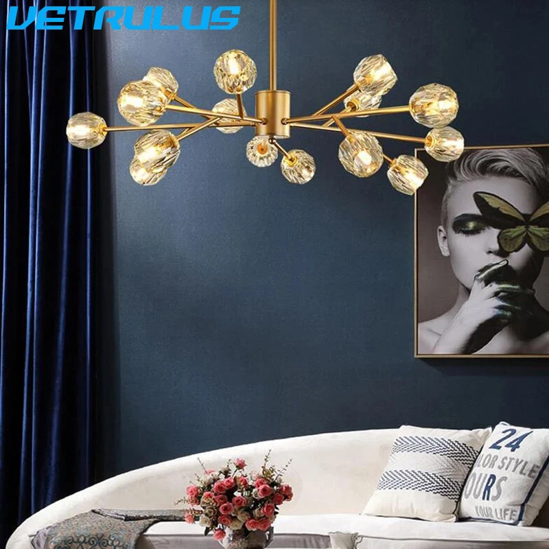 Modern Sputnik Chandelier Celling Light Crystal Ball Led Nordic Vintage Copper Molecular Lustre Pendant Lamp Living Dining Room