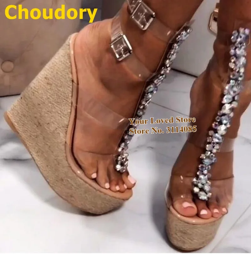 

Choudory Hemp Rope Wedge Heels Sandals Bling Bling Crystal Gladiator Shoes Clear PVC Strappy Buckle Wedding Shoes Platform Heels