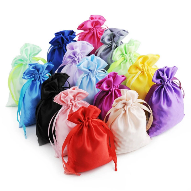 50PCS Satin Gift Bag Packaging Jewelry Cosmeitc Hair Silk Drawstring Pouch Ribbon Travel Watch Shoes Diamond Makeup Storage Sack