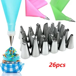 26/8pcs Silicone Pastry Bag Kitchen DIY Icing Piping Cream Reusable Pastry Bag With 24 Nozzle Sets Cake Decorating Tools