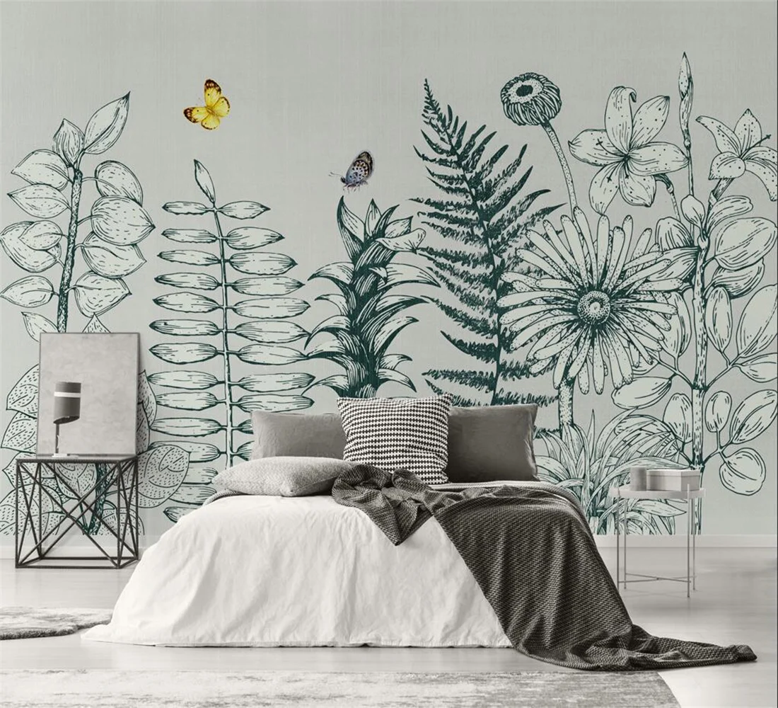 

Custom 3d wallpaper Nordic tropical plants line Butterfly flower photo mural wall papers home decor papel de parede