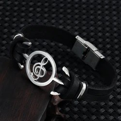 2024 Trend Jewelry Vintage Stainless Steel Music Symbol Bracelet Men Charm Jewelry Cuff Genuine Leather Bracelet Pulsera