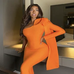 Vestido ajustado de rayón de manga larga para mujer, vestido de fiesta con lazo de una manga de alta calidad, color Naranja y morado, 5 colores