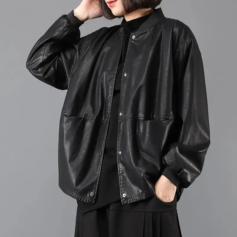 2021 Pu Leather Black Jacket Women Cropped Bomber Jackets Woman Motorcycle Jackets Lady Autumn Winter Vintage Jacket Autumn Coat