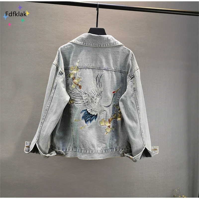 Fdfklak Spring Autumn New Crane Embroidery Distressed Loose Denim Jacket Trendy Hong Kong Style Long Sleeve Blouse Women Gift