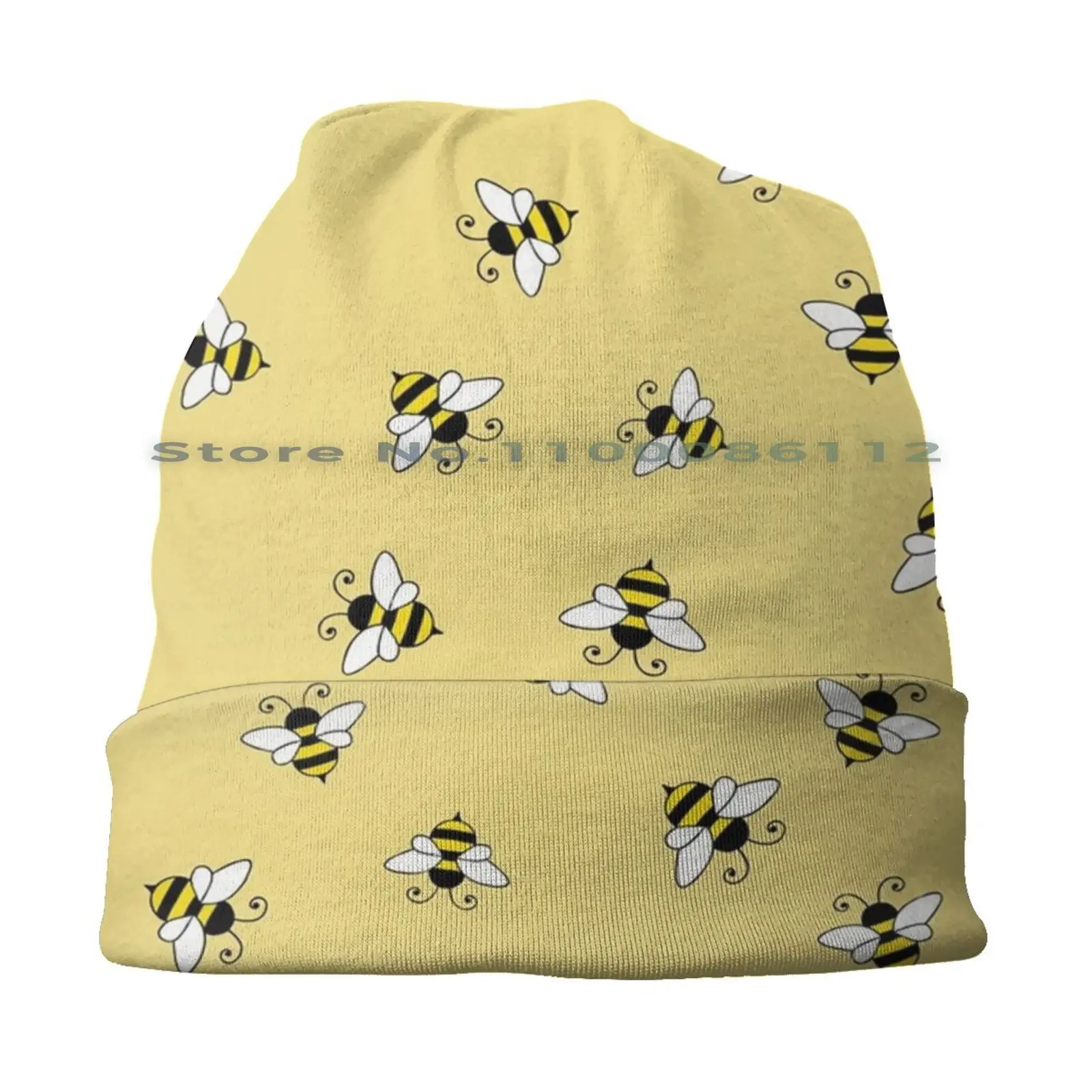 Bee Seamless Pattern Beanies Knit Hat Buzz Fly Insect Honeybee Beeswax Bug Cute Nectar Pollen Honeycombs Beekeeping Yellow